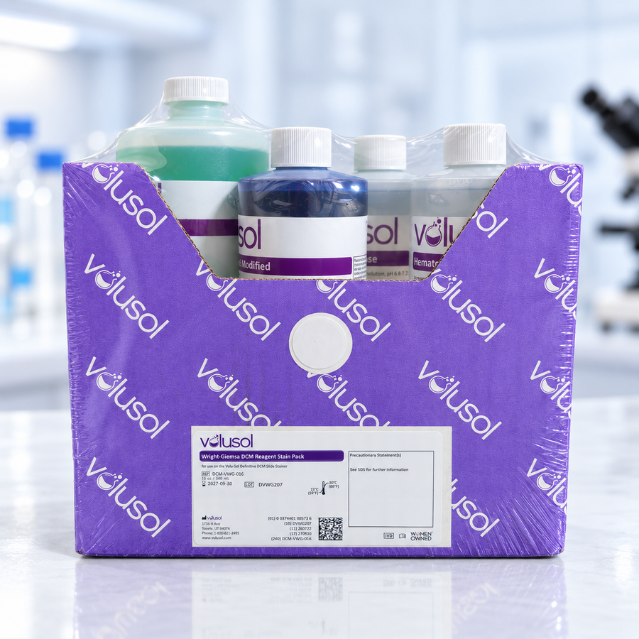 Volusol Wright-Giemsa DCM Reagent Stain Pack, DCM-VWG-016, 16 oz / 500 mL on label; pack count unconfirmed